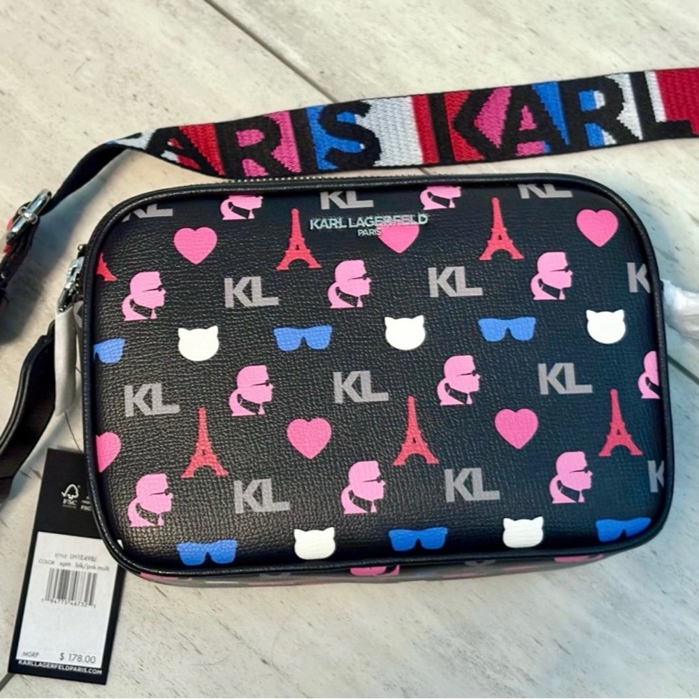 Karl Lagerfeld Black Bag with Pink and Blue Motifs